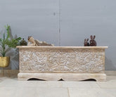 Indian Handmade Carved Wooden Trunk Blanket Box Natural Top Rustic White